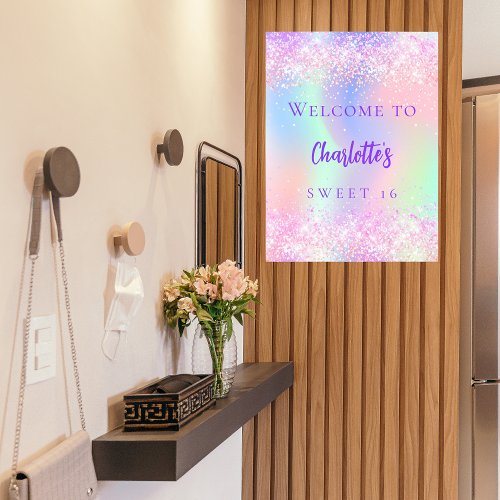 Pink holographic purple Sweet 16 welcome Poster