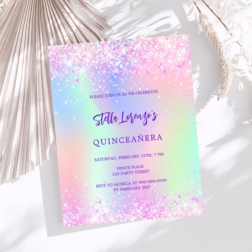Pink holographic Quinceanera budget invitation