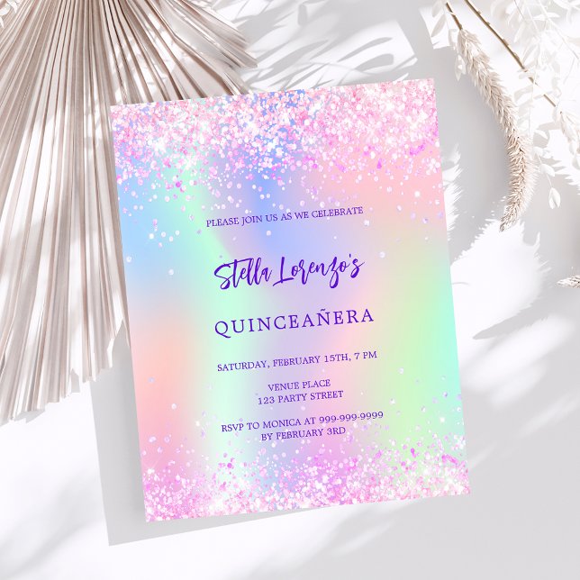 Pink holographic Quinceanera budget invitation (Creator Uploaded)