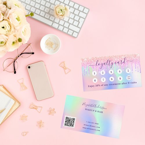 Pink holograpic glitter drips qr code loyalty card