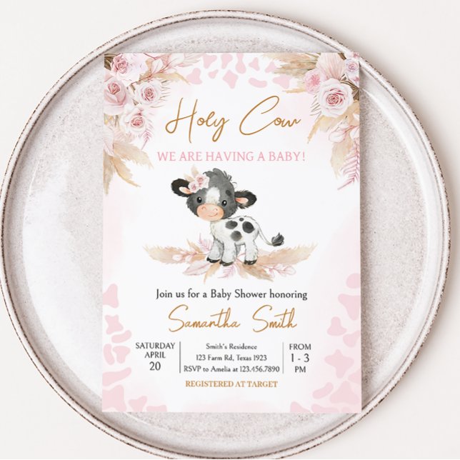 Pink Holy Cow Baby Shower  Invitation (Highland Cow Baby Shower Invitation)