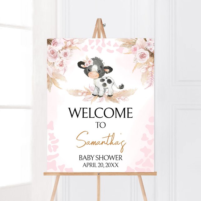 Pink Holy Cow Baby Shower Welcome Poster (Highland Cow Baby Shower Welcome Sign)