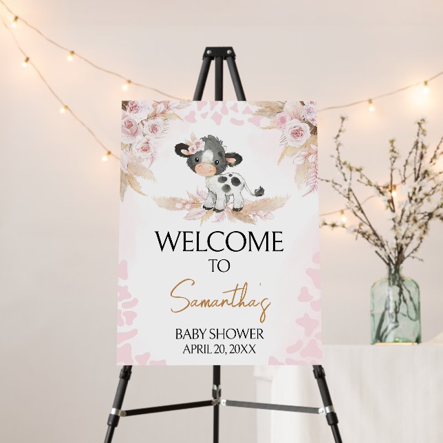 Pink Holy Cow Baby Shower Welcome Sign (In Situ (Stand))