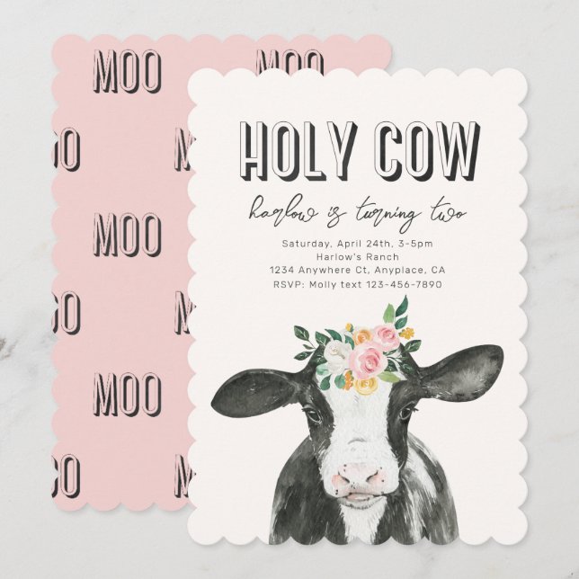 Pink Holy Cow Birthday Invitation | Cow Invitation (Front/Back)