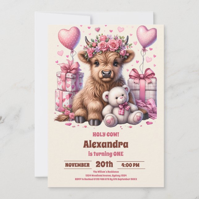 Pink Holy Cow Highland  1st First Birthday Invitation (Front)