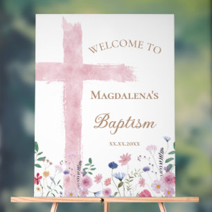 pink Holy Cross and flowers Baptism welcome sign