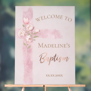 pink Holy Cross and flowers Baptism welcome sign