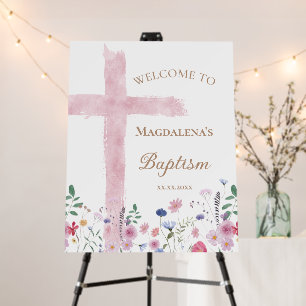 pink Holy Cross and flowers Baptism welcome sign