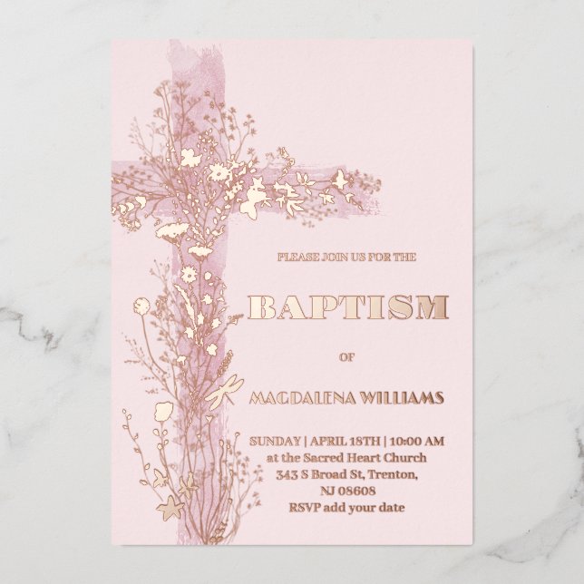 pink Holy cross Baptism Foil Invitation (Front)