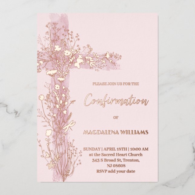 pink Holy cross Confirmation Foil Invitation (Front)