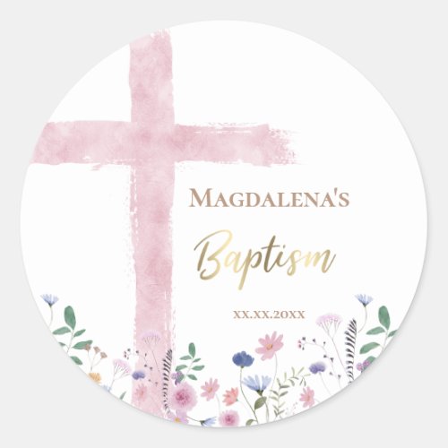 pink Holy Cross wildflowers Baptism  Classic Round Sticker