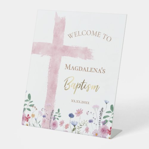 pink Holy Cross wildflowers Baptism welcome sign