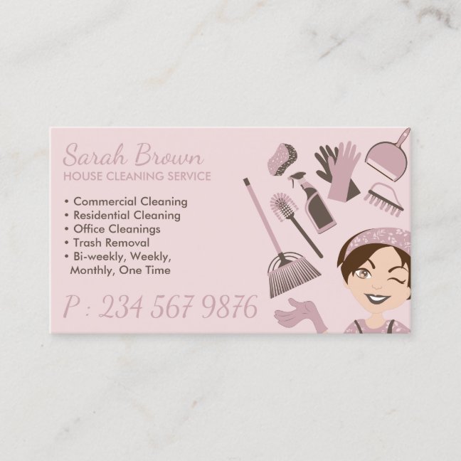 Pink Home Janitorial Gloved Apron Maid Business Card