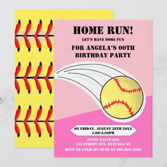 Pink Home Run Softball Birthday Party  (Front/Back)