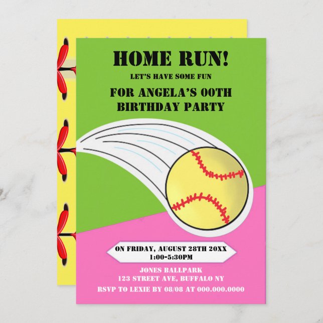 Pink Home Run Softball Birthday Party  (Front/Back)