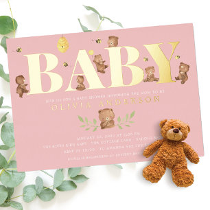 Pink Honey Bear Baby Shower Foil Invitation
