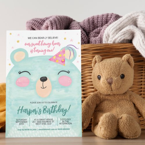 Pink Honey Bear Birthday  Invitation