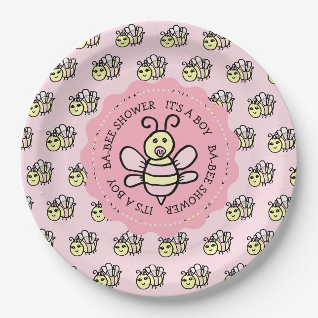Pink Honey Bee Girl's Baby Shower Paper Plates (Front)