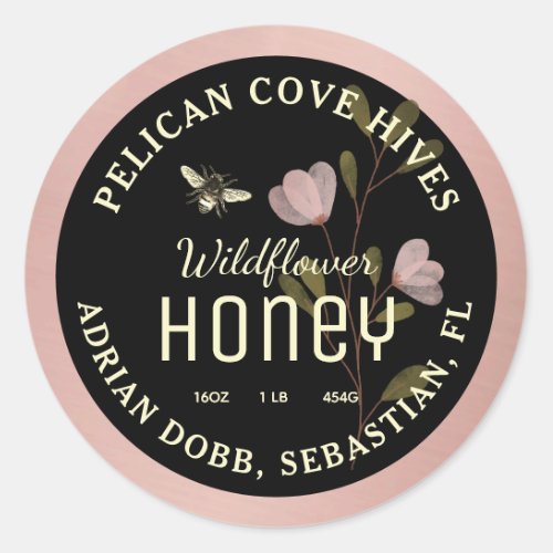 Pink Honey Label Watercolor Wildflower and Bee