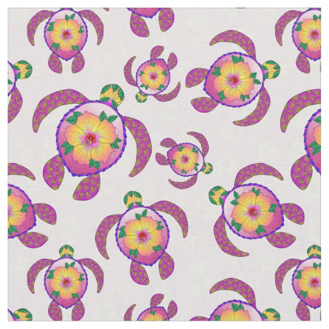 Pink Honu Turtles Hibiscus Flowers Fabric (Close Up)