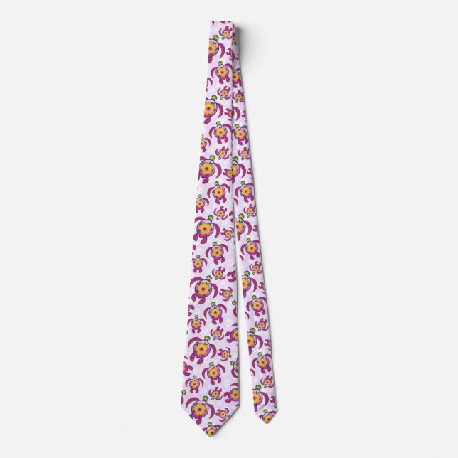 Pink Honu Turtles Hibiscus Flowers Neck Tie (Front)