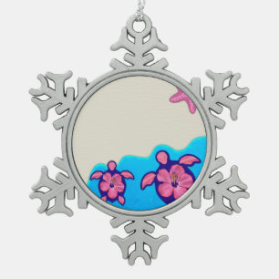 Pink Honu Turtles Snowflake Pewter Christmas Ornament