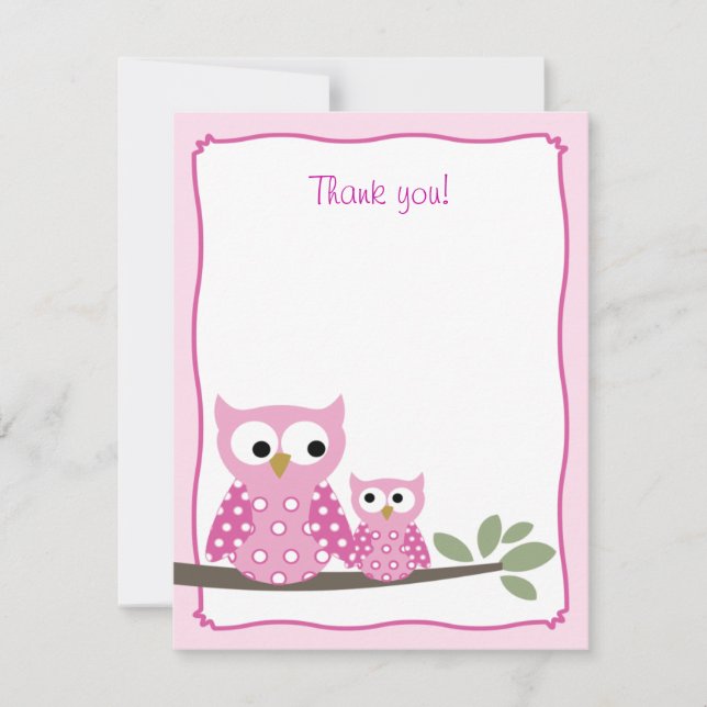 Pink Hoot Owls Flat Thank you note card (Front)