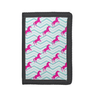 Pink Horse, Equestrian, Teal Green Blue Trifold Wallet