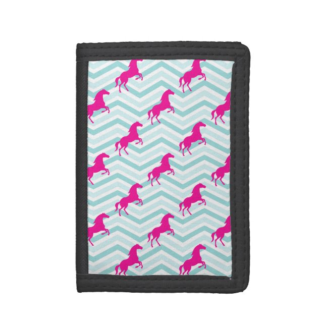 Pink Horse, Equestrian, Teal Green Blue Trifold Wallet (Front Vertical)
