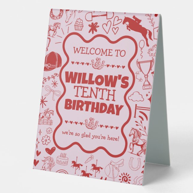 Pink Horse Girl Photo Equestrian Birthday Welcome Table Tent (Front)