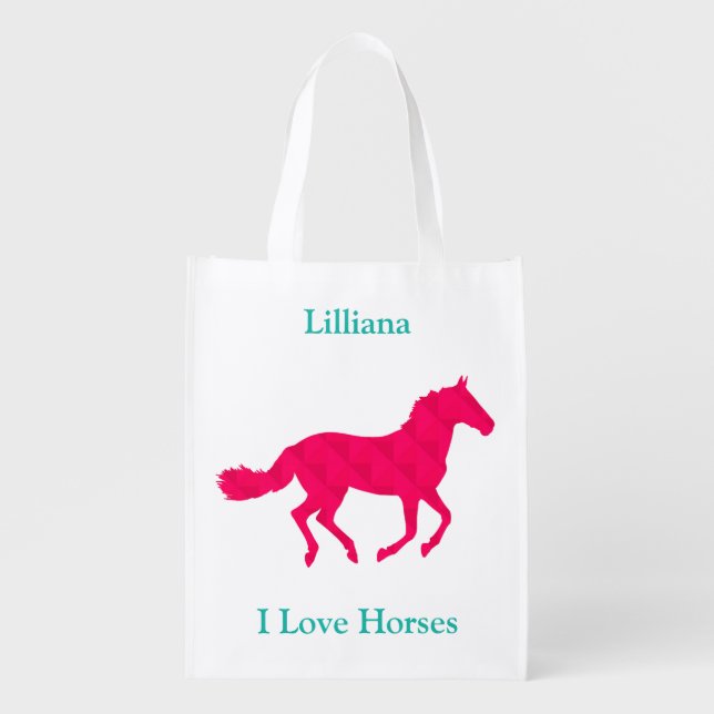 Pink Horse "I Love Horses" Reusable Grocery Bag (Front)