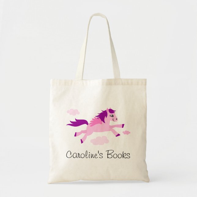 Pink horse with wings personalized library book tote bag (Front)