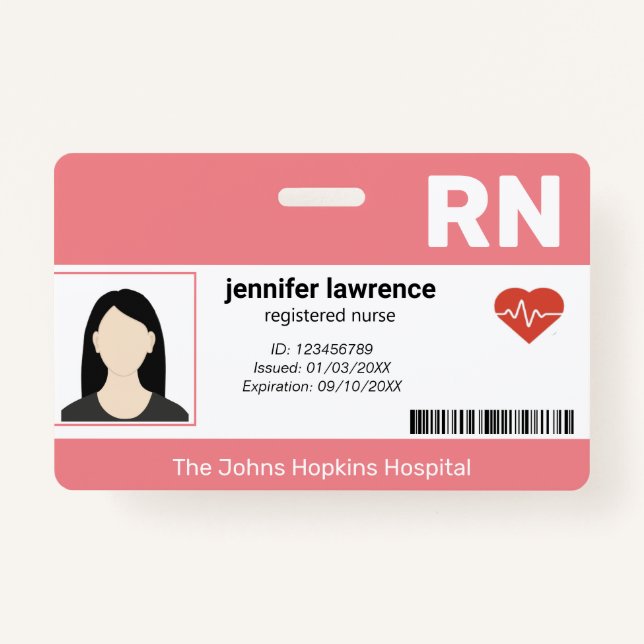 pink | Hospital Medical Employee Photo ,BarCode ID Badge (Front)