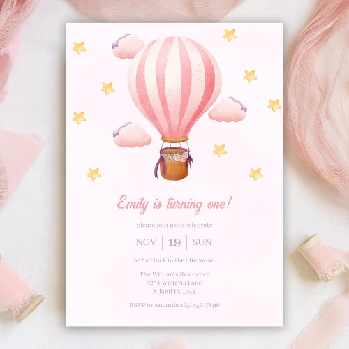 Pink Hot Air Ballon Girl 1st Birthday Party Invitation
