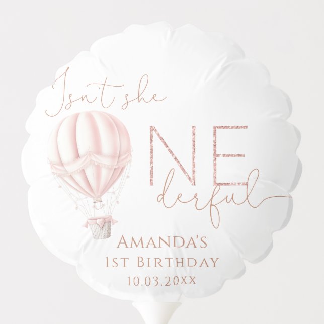 Pink Hot Air Ballon Onederful Girl 1st Birthday  Balloon (Back)