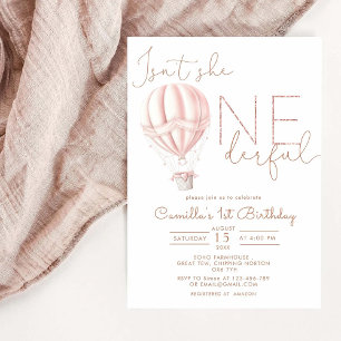 Pink Hot Air Ballon Onederful Girl 1st Birthday  Invitation