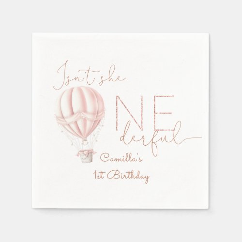 Pink Hot Air Ballon Onederful Girl 1st Birthday Napkins