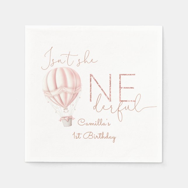Pink Hot Air Ballon Onederful Girl 1st Birthday Napkins (Front)