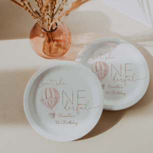 Pink Hot Air Ballon Onederful Girl 1st Birthday  Paper Plates