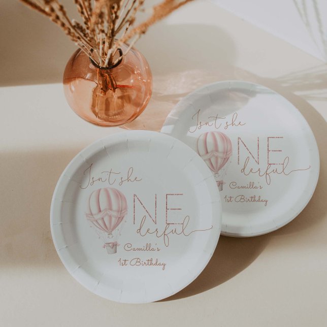 Pink Hot Air Ballon Onederful Girl 1st Birthday  Paper Plates (Creator Uploaded)