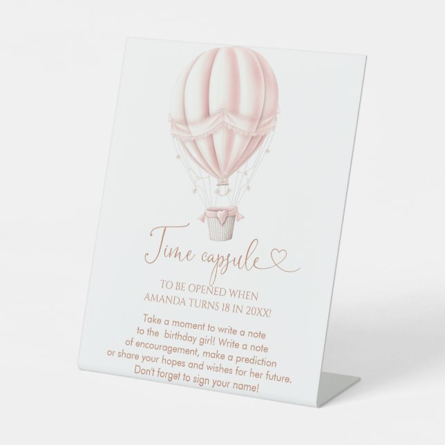 Pink Hot Air Ballon Onederful Girl Time Capsule Pedestal Sign (Front)