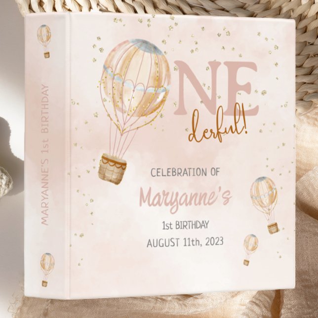 Pink Hot Air Balloon 1st Birthday Memory Album 3 Ring Binder (Creator Uploaded)