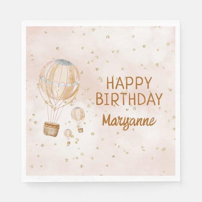 Pink Hot Air Balloon 1st Birthday Napkins (Front)
