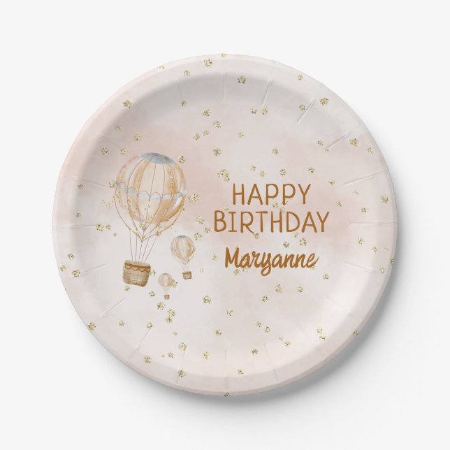 Pink Hot Air Balloon 1st Birthday Paper Plates (Front)
