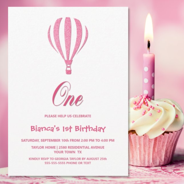 Pink Hot Air Balloon 1st Birthday Party Invitation (Creator Uploaded)