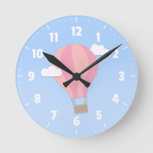 Pink Hot Air Balloon, Adventure Among the Clouds Round Clock