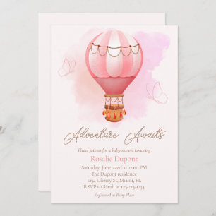 Pink Hot Air Balloon Adventure Awaits Baby Shower Invitation