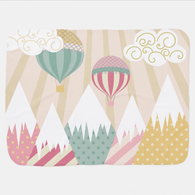 Pink Hot Air Balloon and Mountain Scene Baby Blanket (Horizontal)