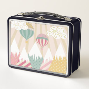 Pink Hot Air Balloon and Mountain Scene Metal Lunch Box