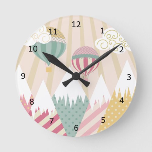Pink Hot Air Balloon and Mountain Scene Round Clock